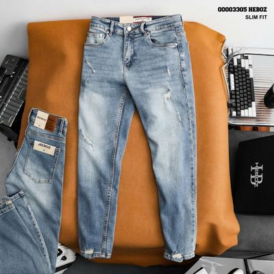 Quần jean nam HEBOZ slim ripped D40, quần dài denim rách chất co giãn bền chắc - 00003305