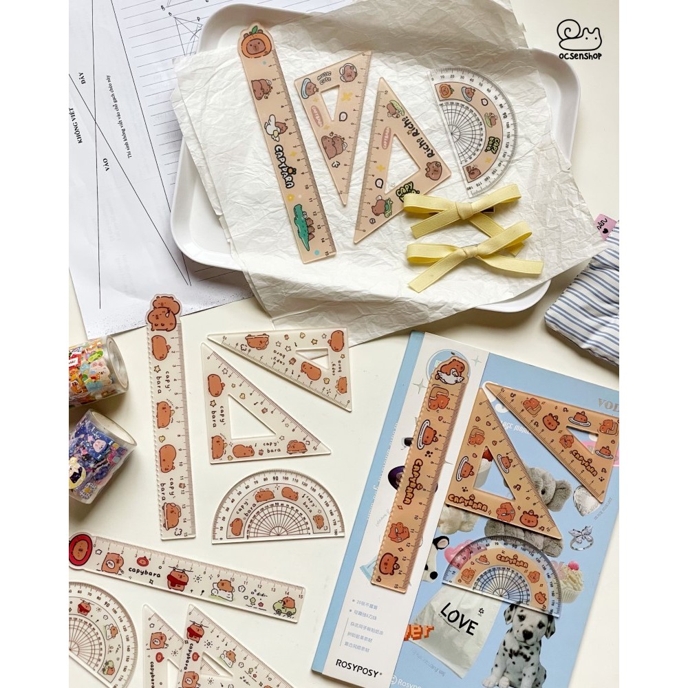 Set 4 Thước Kẻ Capybara Dễ Thương - Bộ Thước Kẻ Học Sinh 4 Chi Tiết Chuột Capybara Đáng Yêu