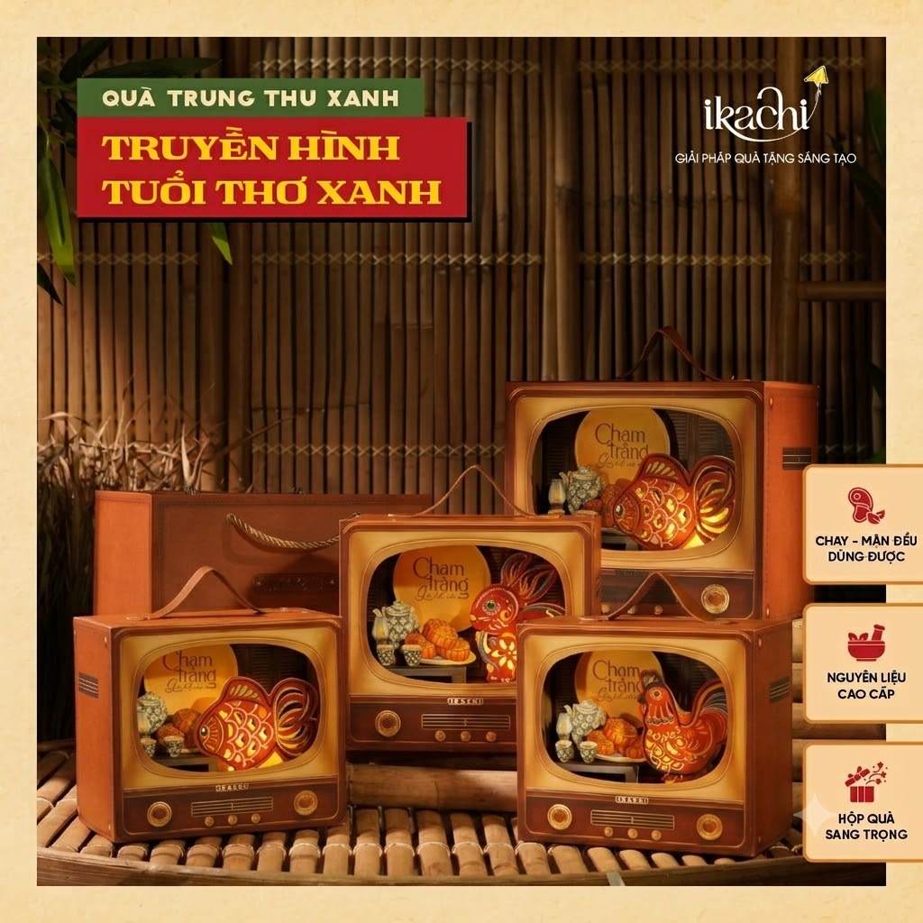 Hộp Bánh Trung Thu Xanh IKACHI - TRUYỀN HÌNH TUỔI THƠ XANH - Set 4 bánh, Tặng kèm bộ đồ chơi cá ngựa