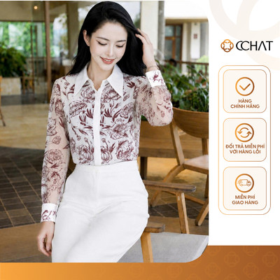Áo Sơ Mi Nữ 𝐂𝐂𝐇𝐀𝐓 Dáng Suông Họa Tiết Hoa Tay Dài Chất Liệu Tơ Mềm Mại 16FDV6147ST