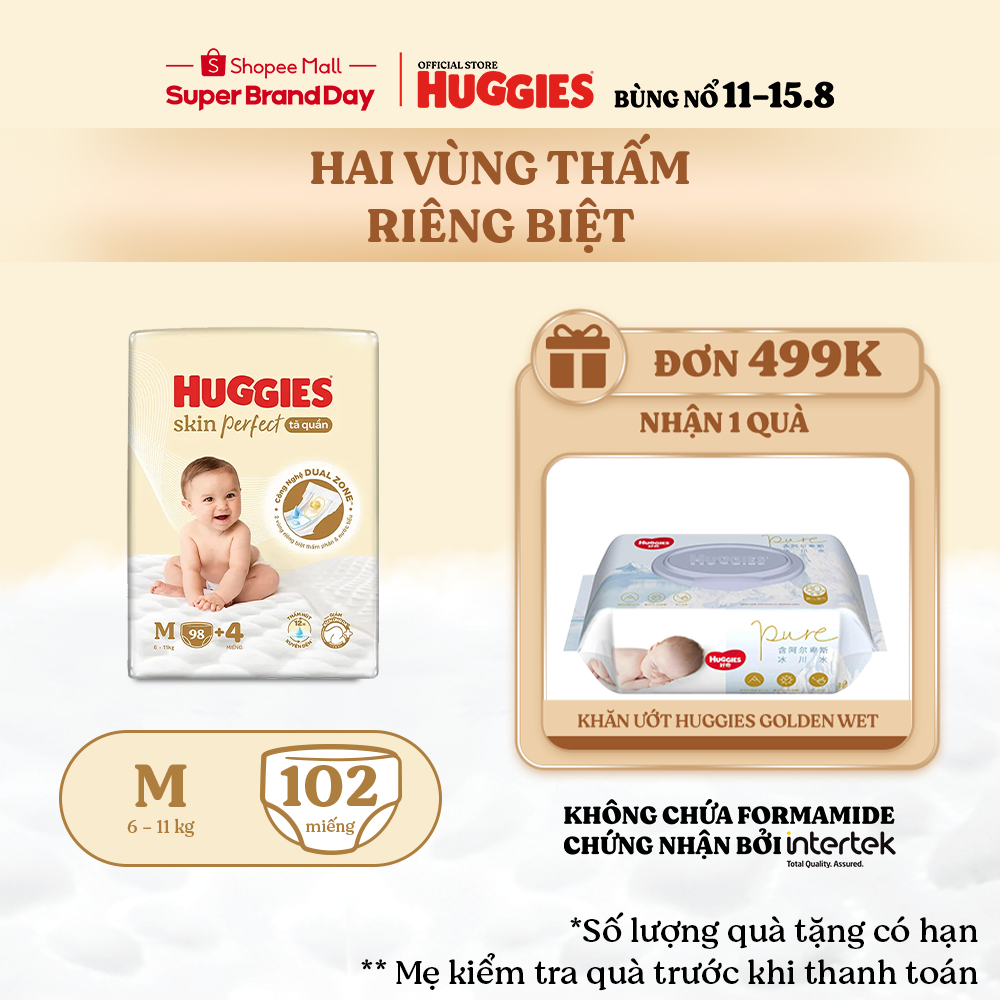 Tã quần Huggies Skin Perfect Mega Jumbo M98/ L88/XL72+4/XXL64+4 2 vùng thấm giảm kích ứng da
