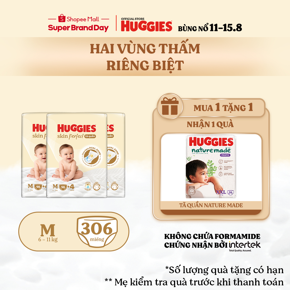 Combo 3 Tã quần Huggies Skin Perfect Mega Jumbo M98/ L88/ XL72/ XXL64 2 vùng thấm giảm kích ứng da