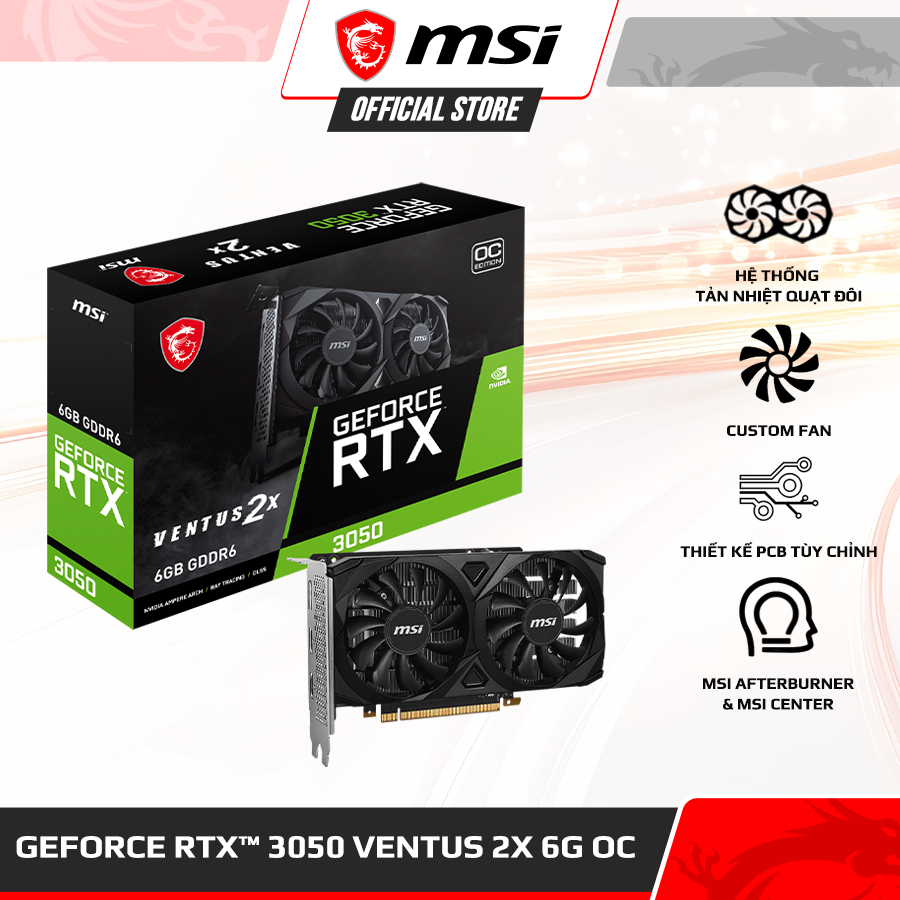 VGA - Card màn hình MSI GeForce RTX™ 3050 VENTUS 2X 6G OC - 2304 Cores, 1492 MHz, 6GB GDDR6, 96-bit