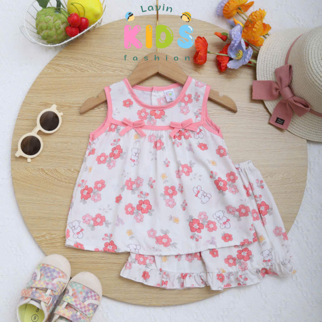 Bộ tole lanh sát nách phối viền 2 nơ size 6-18kg - Lavin Kids
