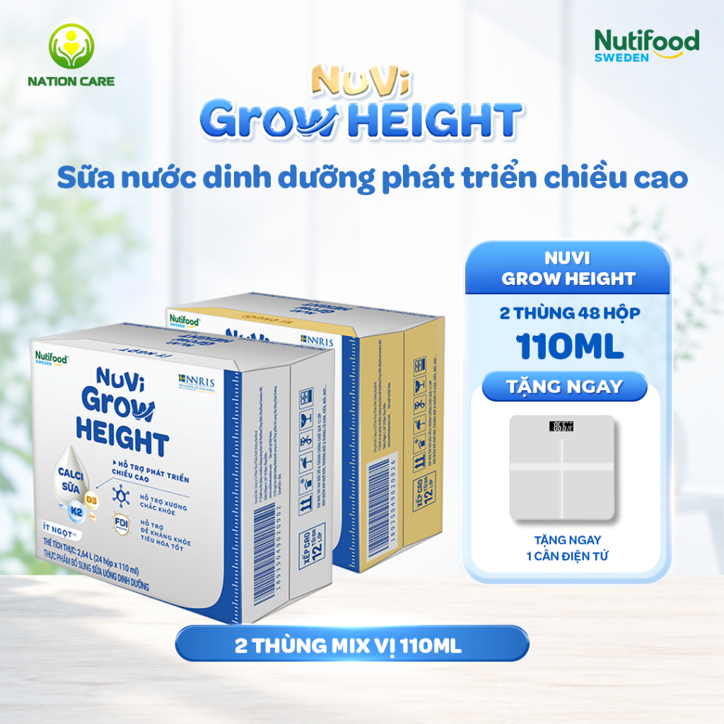 Sữa Nước Nuvi Grow Height (2 Thùng 110ml Ít Ngọt + Chuối Tặng 1 Cân) - Hỗ Trợ Phát Triển Chiều Cao