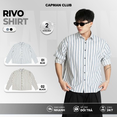Áo sơ mi nam phom Boxy RIVO kẻ sọc tay dài CAPMAN CLUB, sơ mi nam mặc hè phong cách trẻ trung