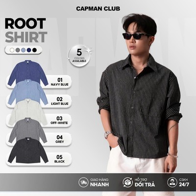 Áo sơ mi nam kẻ sọc tay dài ROOT phom rộng Boxy CAPMAN CLUB, sơ mi nam boxy sọc phong cách trẻ trung