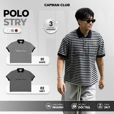Áo thun Polo nam nữ sọc ngang STRY phom Boxy CAPMAN CLUB, áo polo unisex phom rộng trẻ trung thoải mái