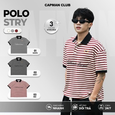 Áo thun Polo nam nữ sọc ngang STRY phom Boxy CAPMAN CLUB, áo polo unisex phom rộng trẻ trung thoải mái
