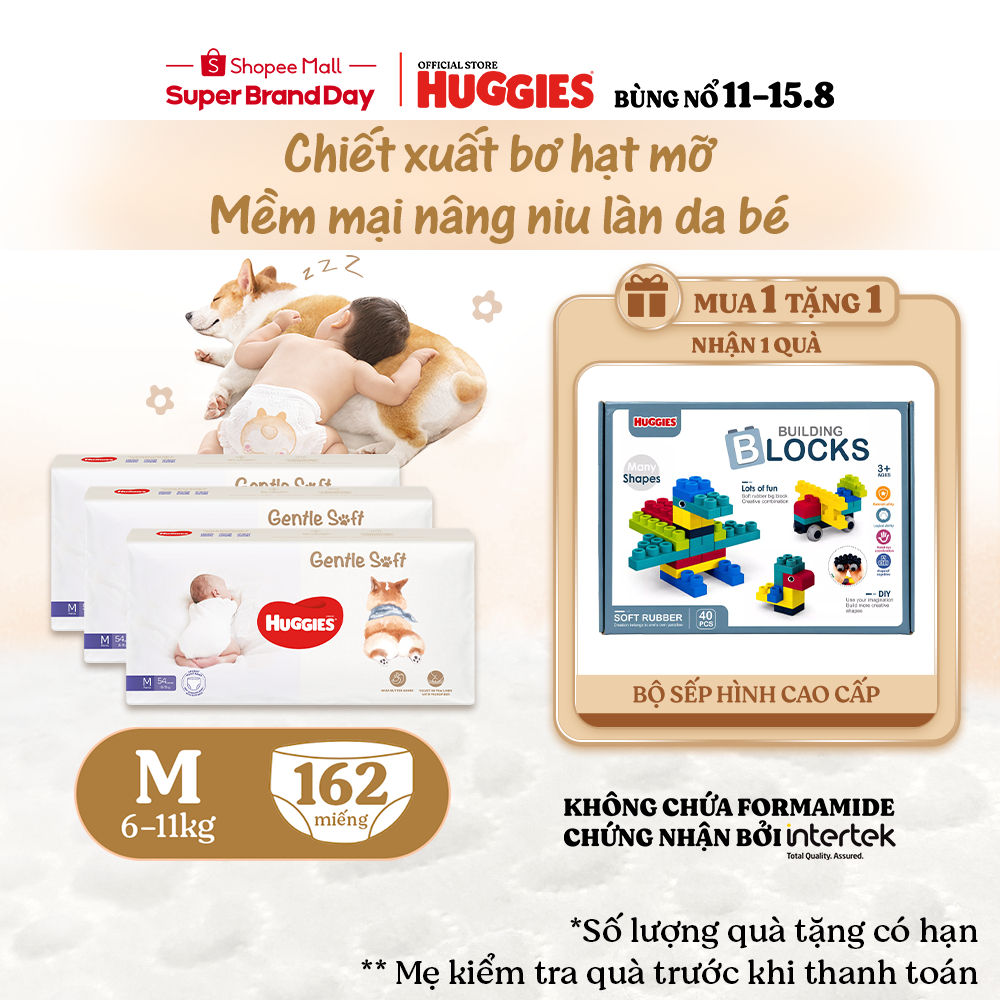 Combo 3 Tã quần Huggies Gentle Soft - Corgi M54/L40/XL34/XXL22 miếng êm mềm chiết xuất bơ hạt mỡ