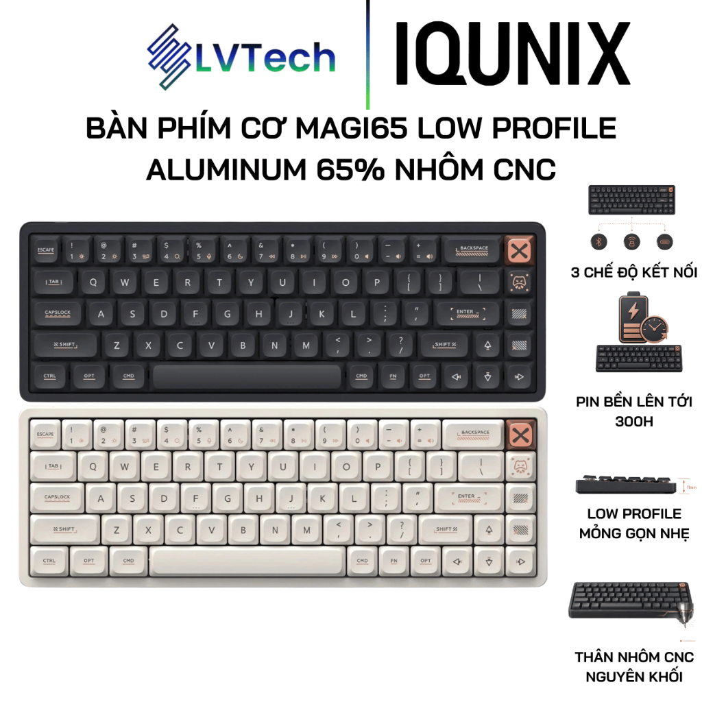 Bàn Phím Cơ IQUNIX Magi65 Low Profile Aluminum 65% Nhôm CNC, Hot Swap, Bluetooth 5.1, Wireless 2.4GH