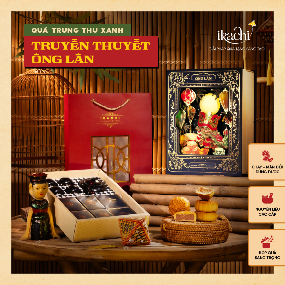 Hộp Bánh Trung Thu Xanh IKACHI- Hộp Quà Truyền Thuyết Lân/Thỏ Ngọc lớn - Set 4 bánh, túi trà kèm bộ 