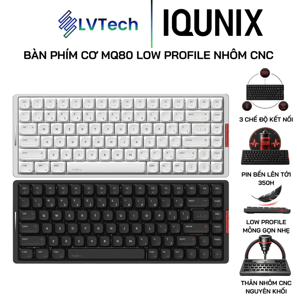 Bàn Phím Cơ Low Profile IQUNIX MQ80 Nhôm CNC, 84 Phím, 3 Mode, Kailh Gold Red, RGB, Hot Swap, Pin 35