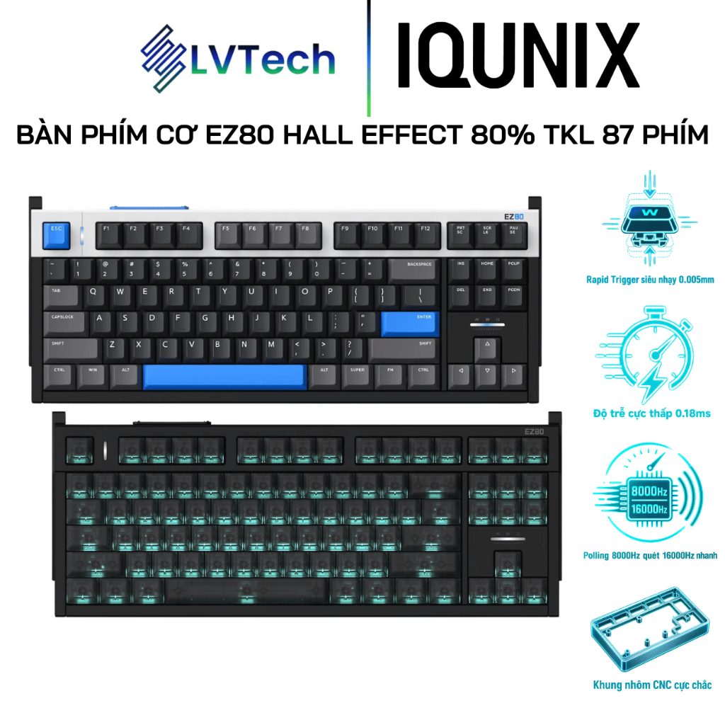 Bàn Phím Cơ IQUNIX EZ80 Hall Effect 80% TKL 87 Phím, Rapid Trigger 0.005mm, Polling Rate 8000Hz – Bl