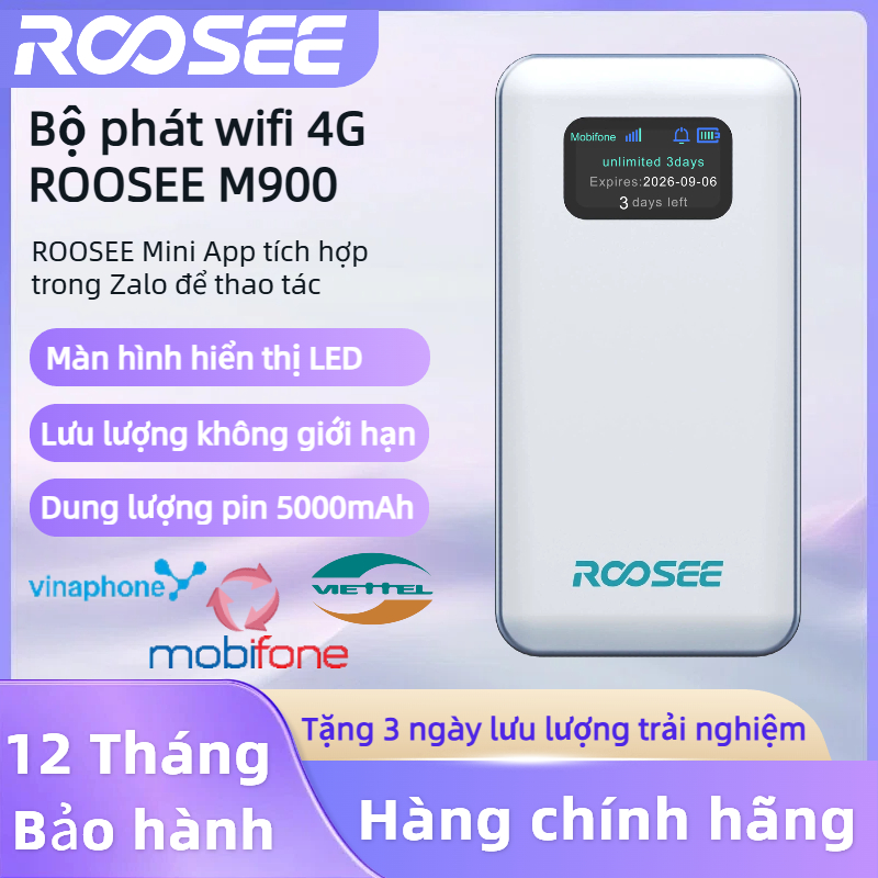 Bộ phát wifi 4G Roosee M900- màn hình hiển thị LED, không cần lắp sim, pin 5000mAh, ROOSEE mini app 