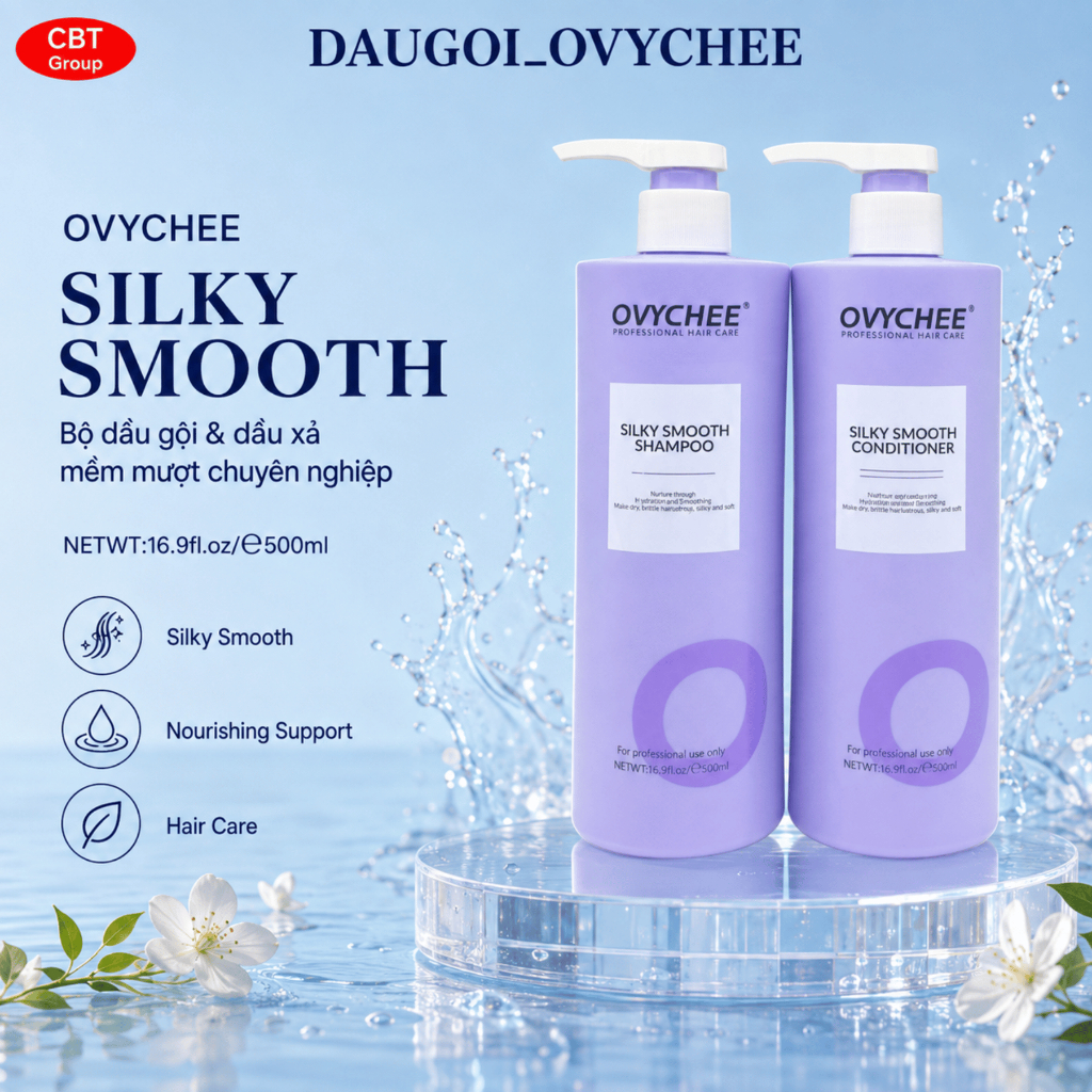 Combo Dầu Gội Xả Ovychee Silky Smooth 1000ml | Keratin Collagen Argan, Dưỡng Tóc Mềm Mượt