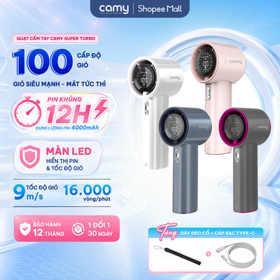 Quạt cầm tay Camy Super Turbo máy quạt tích điện mini 100 tốc độ gió 4000mAh màn hình led BH 6 tháng