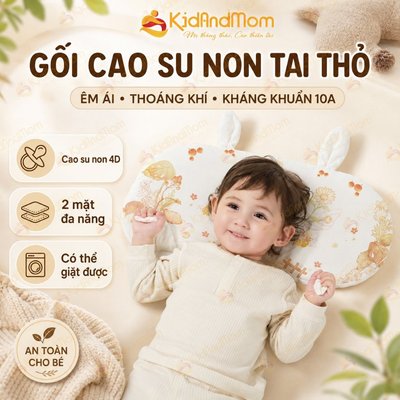 Gối cao su non cho bé 6 tháng - 2 tuổi KidAndMom vải cotton mềm mại thoáng khí KT 50*25*2.5CM