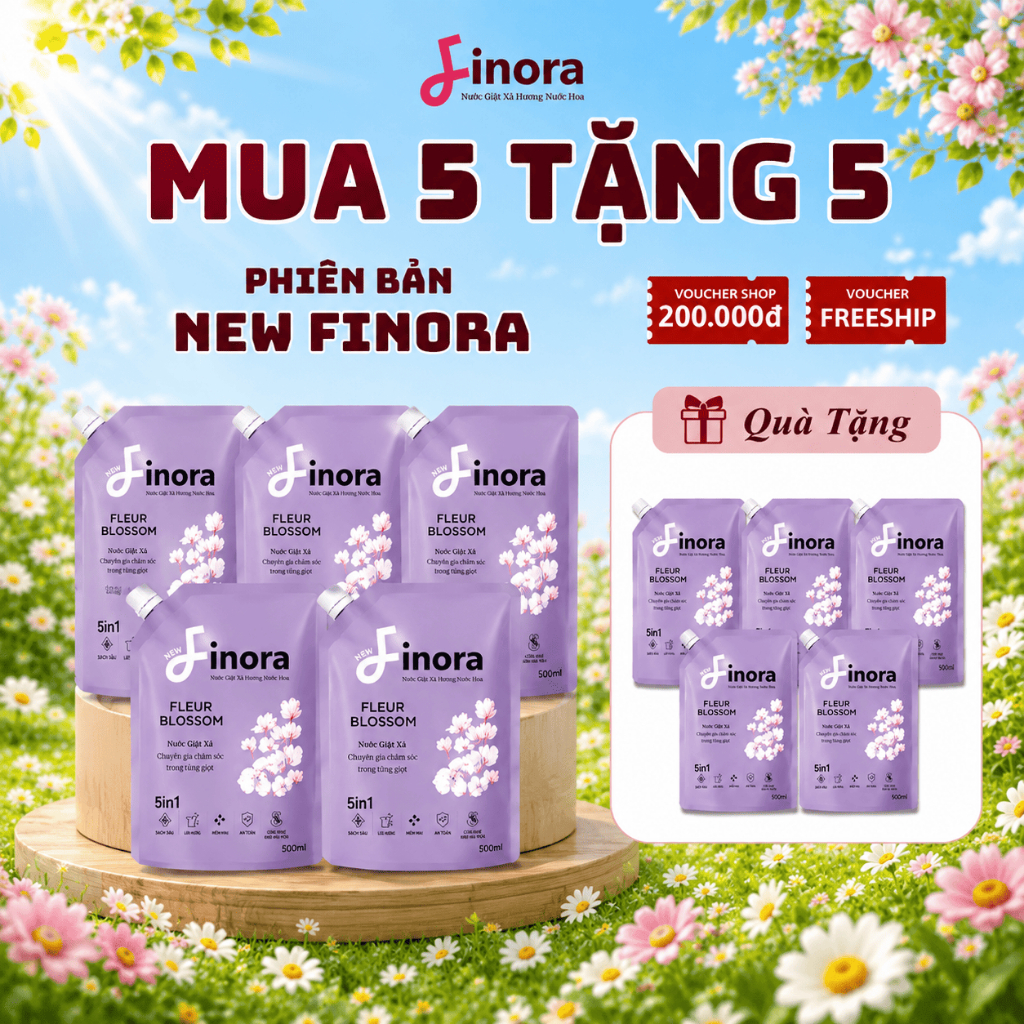 (PHIÊN BẢN NEW FINORA) Mua 5 Tặng 5 Nước Giặt Xả Finora Hương Nước Hoa Tổng 5kg