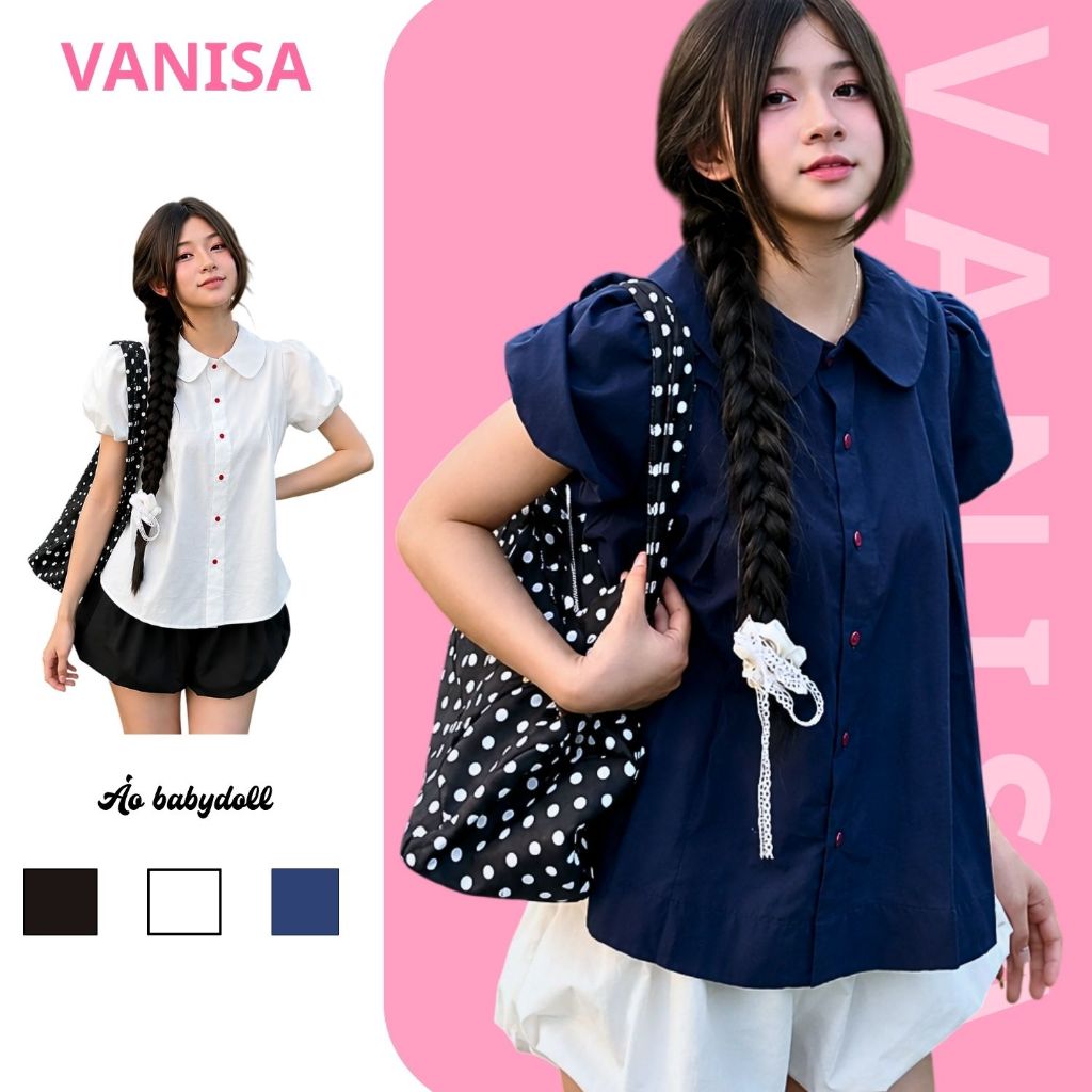 Áo sơ mi nữ kiểu bèo cổ sen tay bồng dáng babydoll form rộng tiểu thư xanh đen VANISA SM933