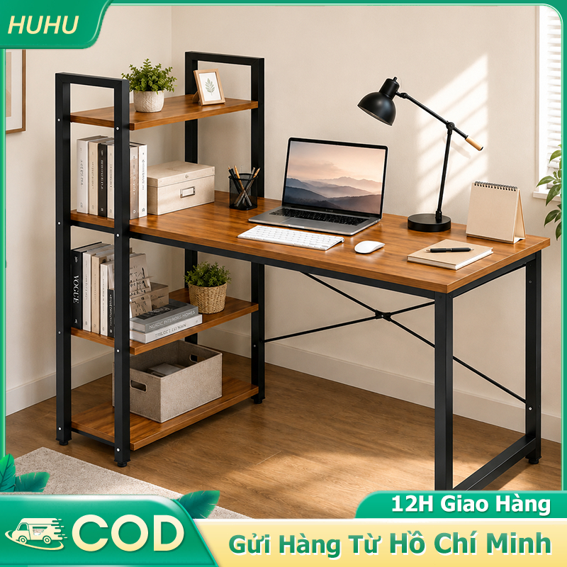 HUHU Bàn Học Bàn Làm Việc Kèm Kệ Sách 4 Tầng MDF 12mm Khung Thép Chắc Chắn Học Tập Hiện Đại