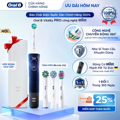Combo Bàn Chải Điện ORAL B Vitality Pro Black + Kèm Hộp Du Lịch Tiện Lợi + Đầu Bàn Chải - Chính Hãng, Bảo Hành 1 Đổi 1