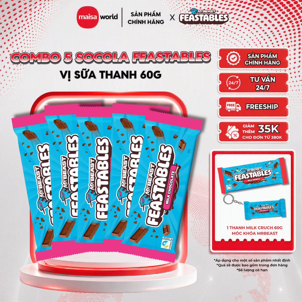 [Chính Hãng] Combo 5 Thanh Kẹo Socola MrBeast Feastables Phiên Bản Mới vị Milk Chocolate thanh 60gr