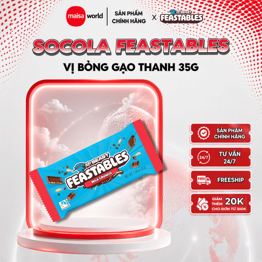 [Chính Hãng] Kẹo Socola Feastables MrBeast Phiên Bản Mới Vị Milk Crunch Thanh 35g