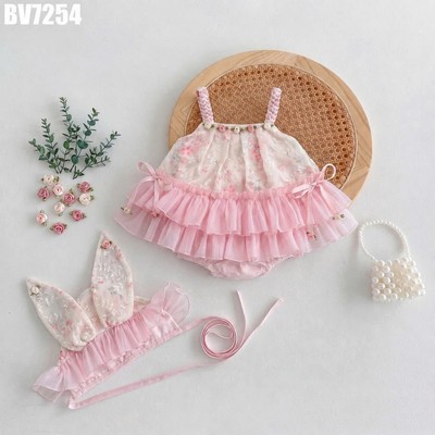 Set Body Váy Phồng Hoa Vai Kèm Cài Cho Bé Gái Sơ Sinh 1 2 Tuổi MINTSCLOSET - BV7245