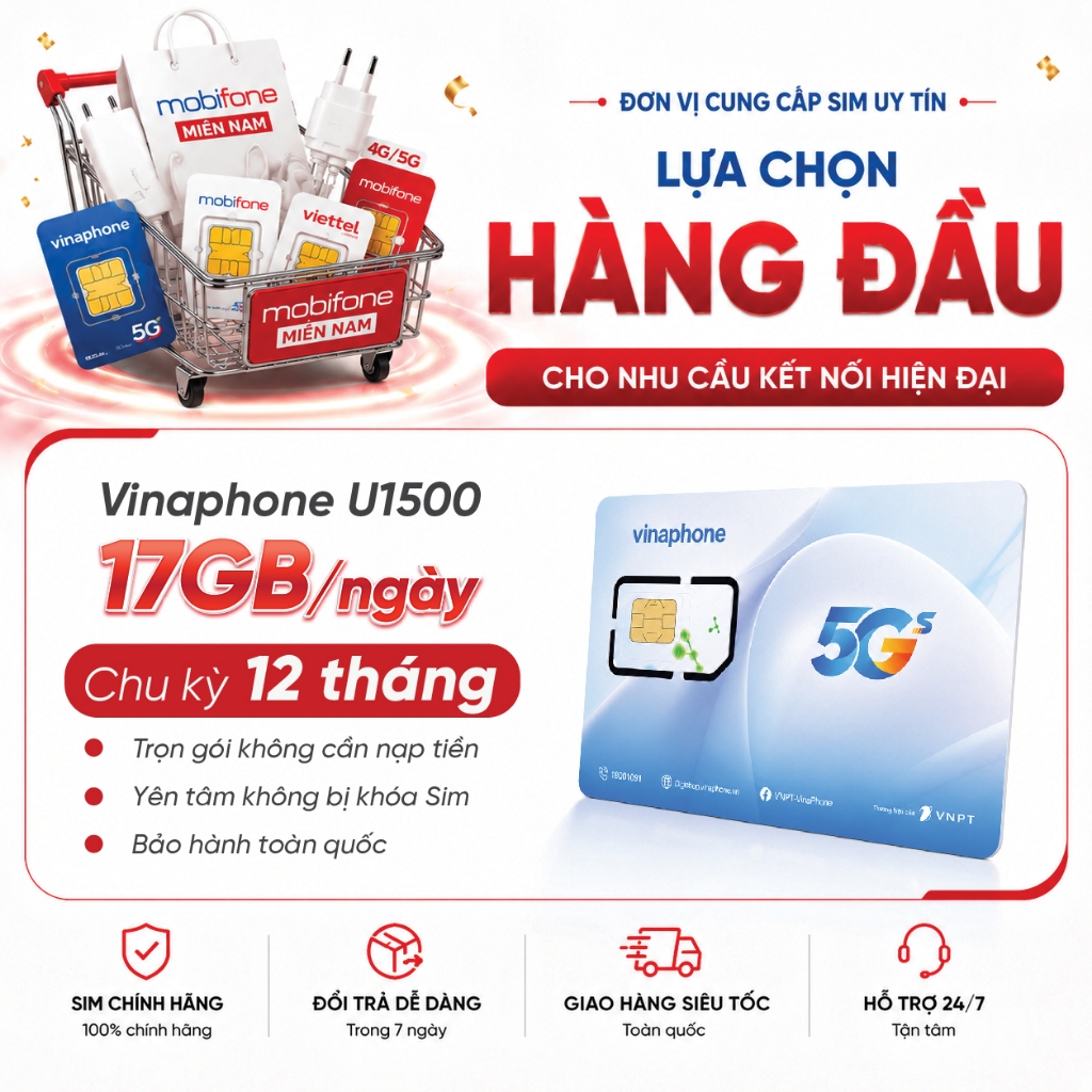 🌟[U1500 17GB/Ngày] Sim Data VinaPhone U1500 trọn gói 12 tháng hơn 6000GB/năm hỗ trợ eSIM
