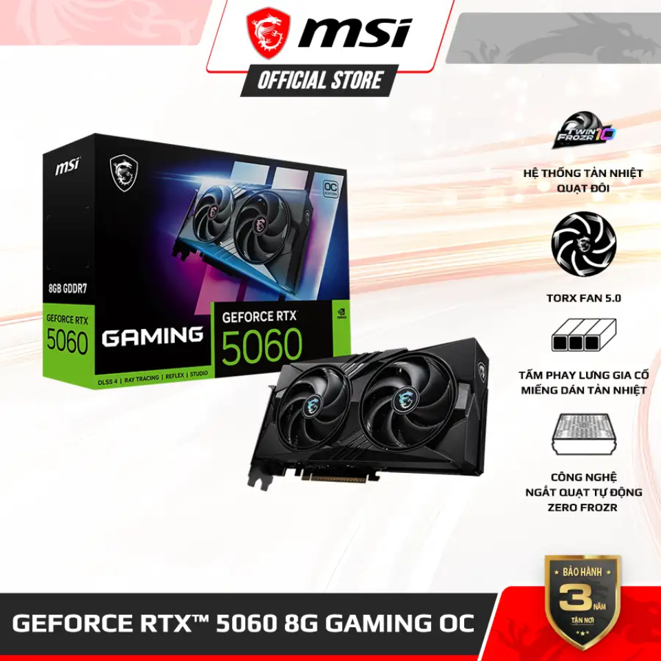 VGA - Card màn hình MSI GeForce RTX™ 5060 8G GAMING OC - 8GB GDDR7, CUDA 3840 Cores, Boots 2625 MHz