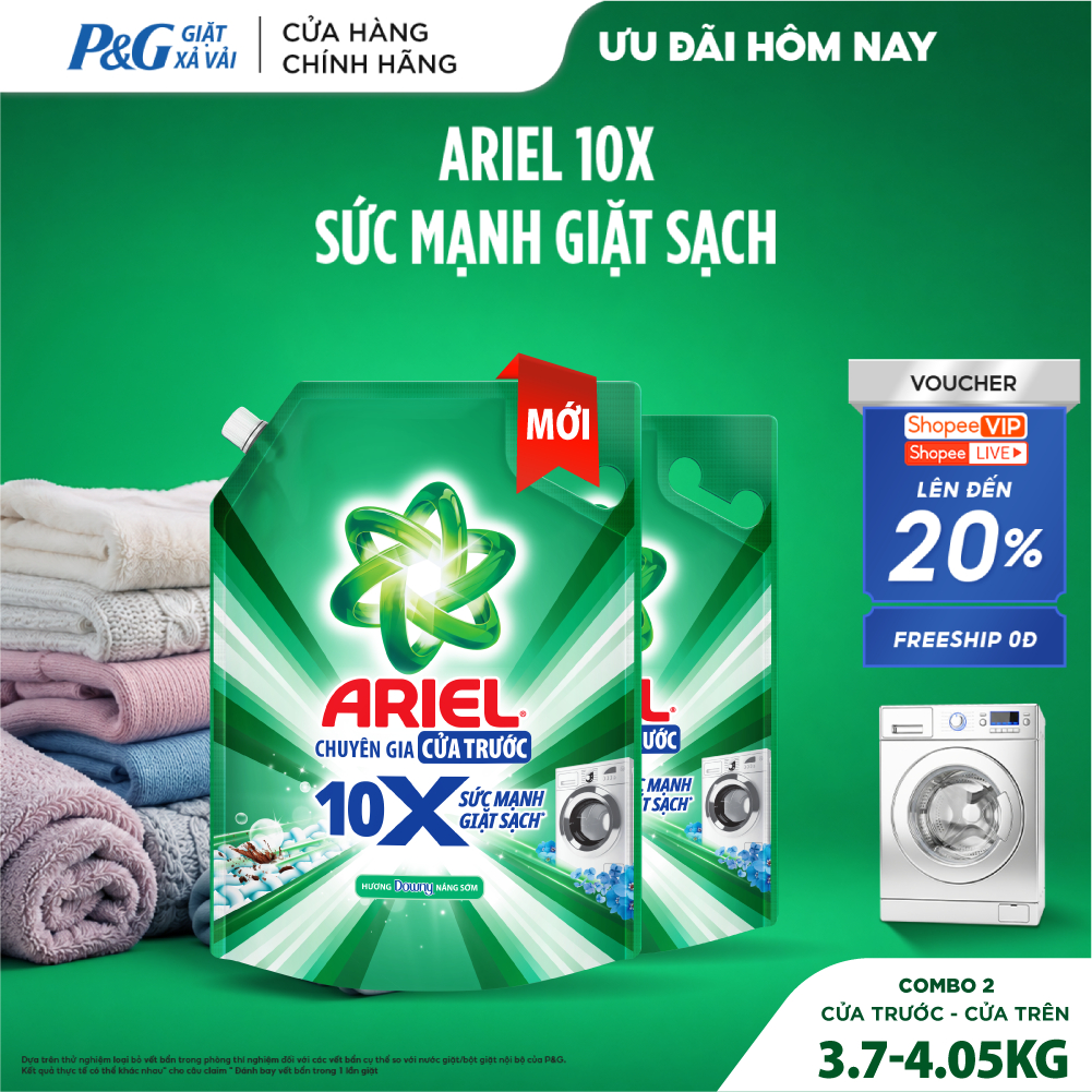 Combo 2 Nước Giặt Gel ARIEL 10X Sức Mạnh Giặt Sạch Chuyên Gia Hương Downy Nắng Sớm Cửa Trước Túi 3.7