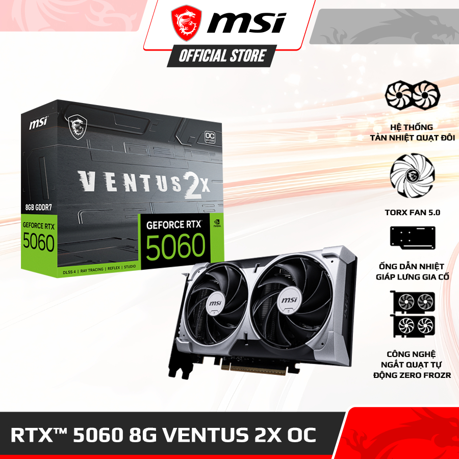 VGA - Card màn hình MSI GeForce RTX™ 5060 8G VENTUS 2X OC - 8GB GDDR7, 128-bit, Boots 2527 MHz