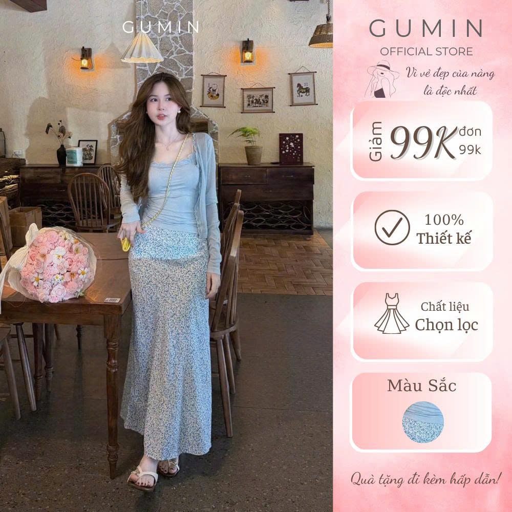 Set 3 món thu đông GUMIN thiết kế áo 2 dây mix cadigan phối kèm chân váy hoa dáng dài vintage thanh lịch sang trọng