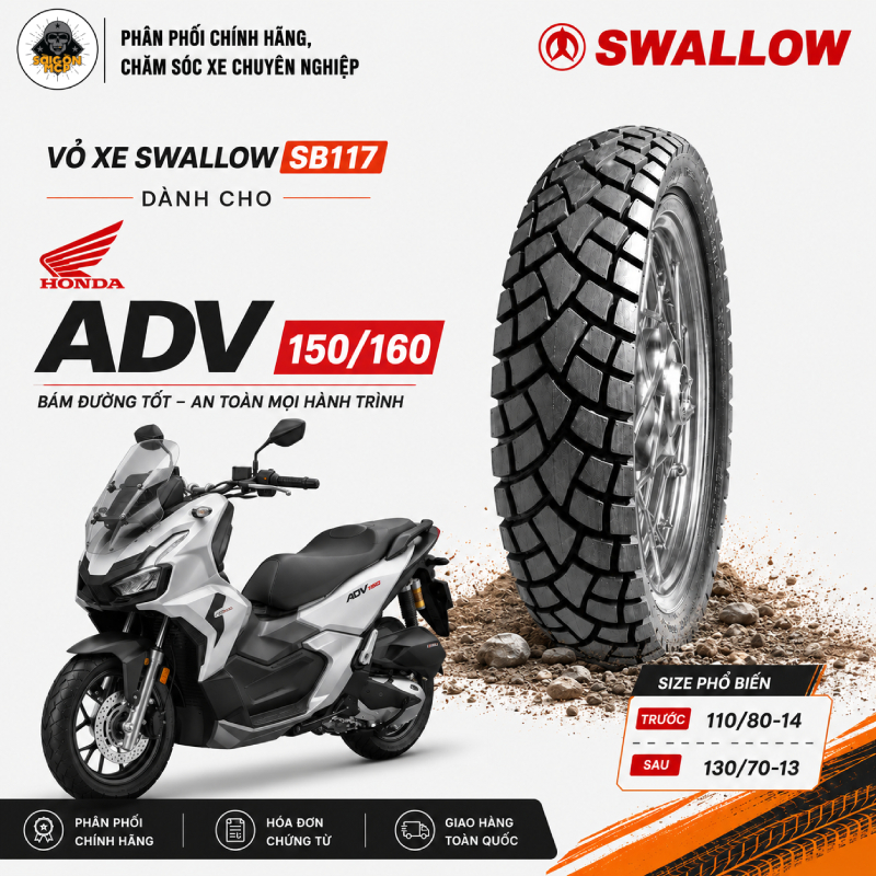 Vỏ Xe Swallow SB117 Cho ADV 150 160 – Lốp Tay Ga 110/80-14 130/70-13