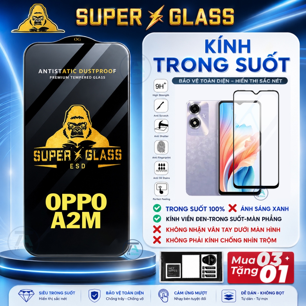Kính cường lực cho Oppo A2M A2X Trong Suất Full Màn Hình Màu Đen Chống Bụi Chất Lượng KKD