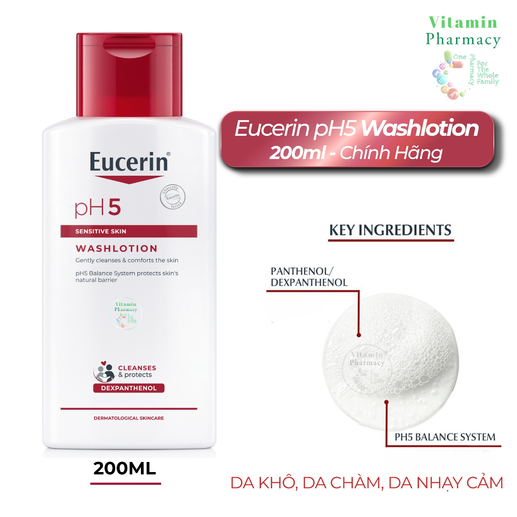 Sữa Tắm Eucerin pH5 Washlotion 200ml Chính Hãng - Dịu Nhẹ Cho Da Khô Chàm Nhạy Cảm Cho Bé