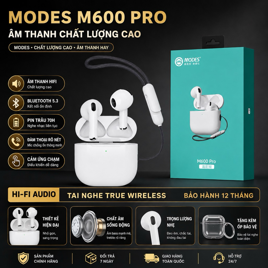 Tai Nghe Bluetooth M600 Pro Không Dây 5.3 HiFi Bass Mạnh Type-C Cảm Ứng Đàm Thoại HD