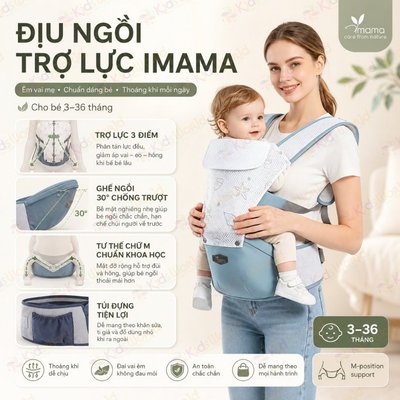 Địu em bé KidsWorld KW360 Cool Air Mesh iMama trợ lực 4 tư thế thoáng khí có đỡ cổ mũ che đầu cho bé
