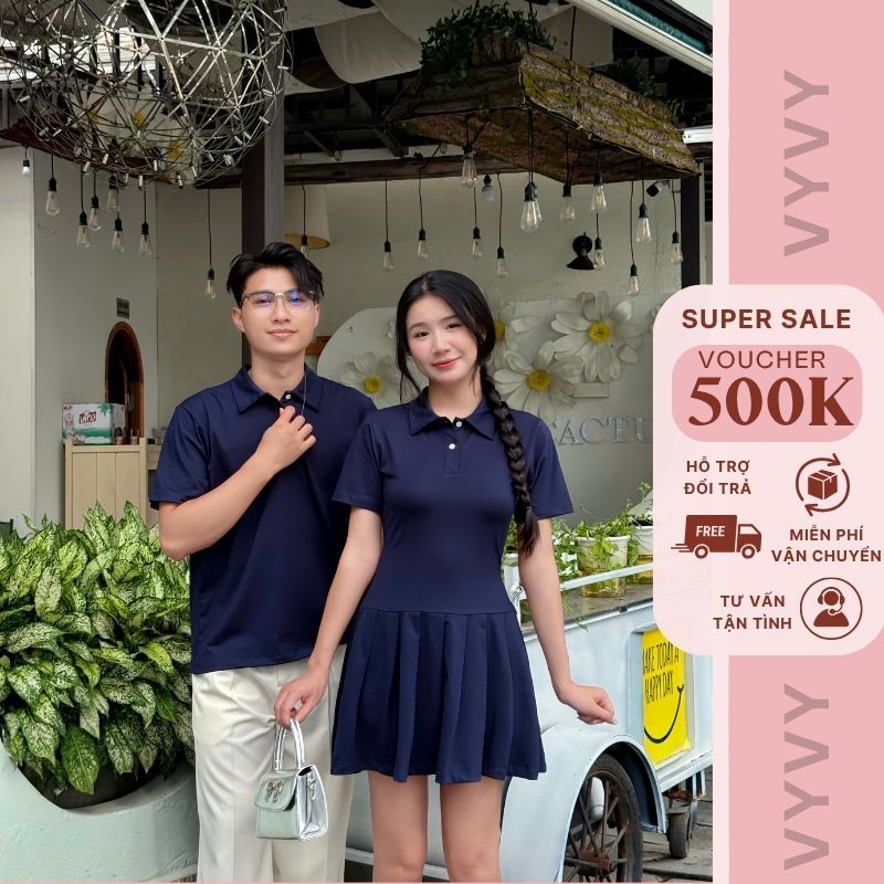 Set đồ đôi nam nữ - Áo polo nam và váy polo xếp ly (Tặng quần bảo hộ)