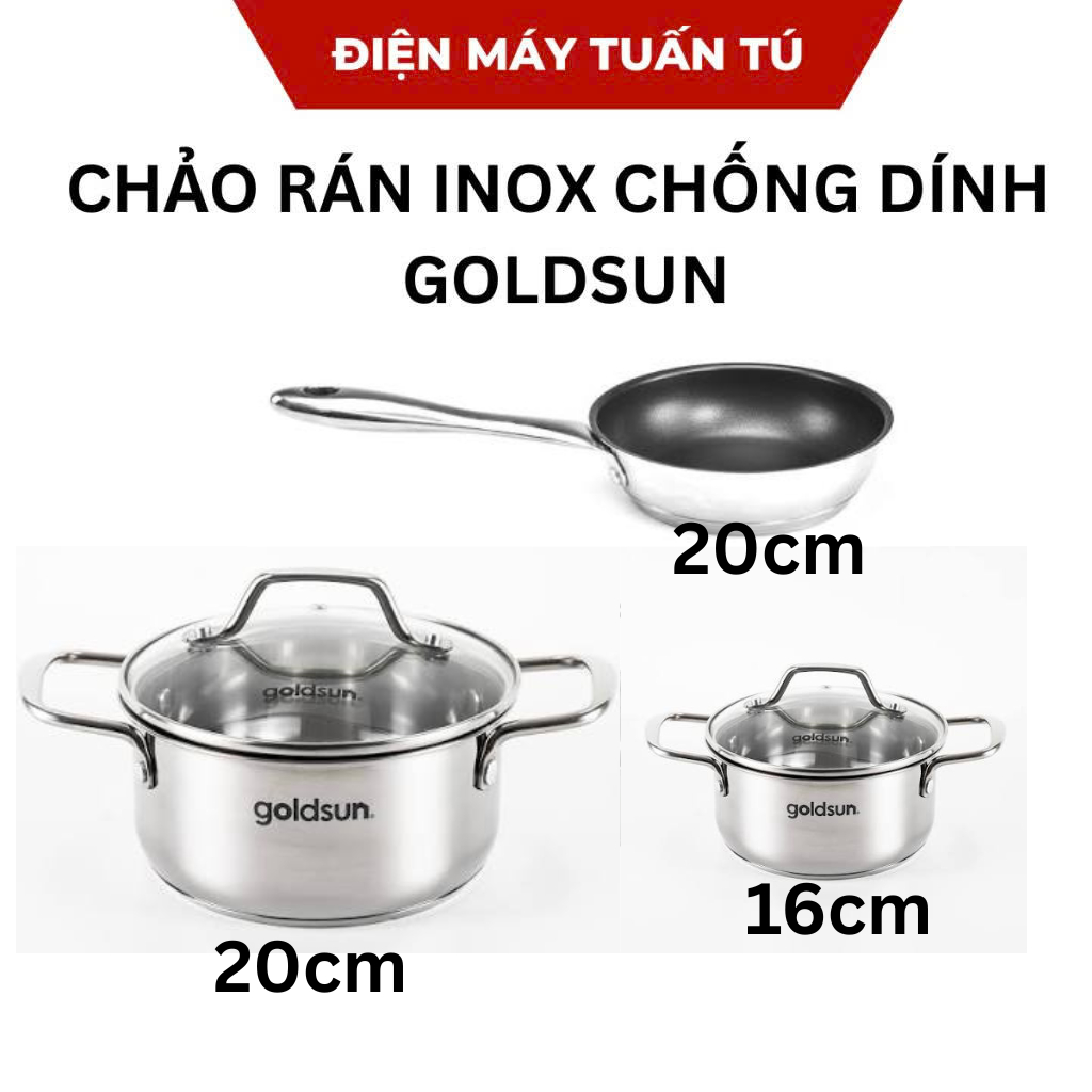 Bộ nồi chảo inox Goldsun GPS1790, 3 đáy cap cấp  đun trên TẤT CẢ CÁC LOẠI BẾP, chảo inox 316 nội địa