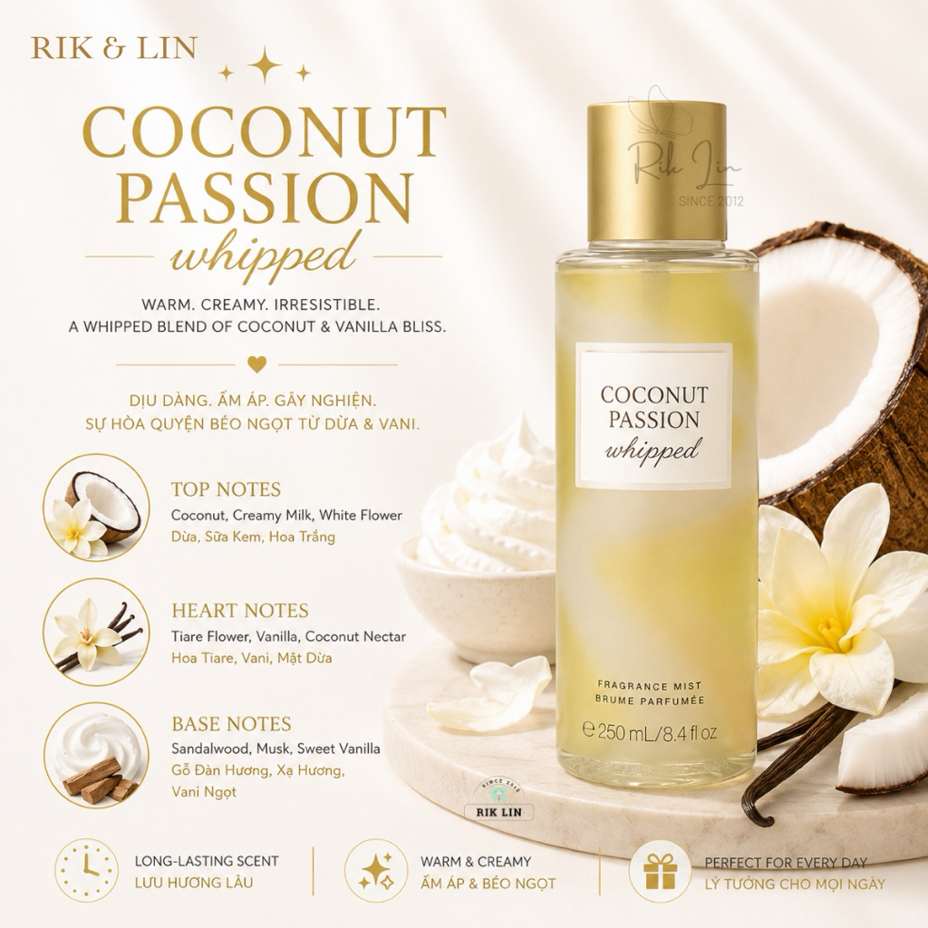 COCONUT PASSION WHIPPED _ Xịt Thơm Toàn Thân Body Mist Rik Lin