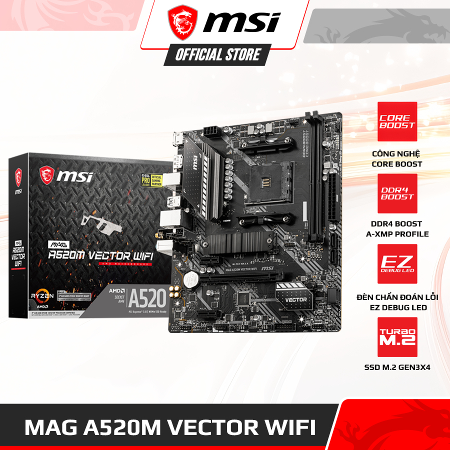 Mainboard - Bo mạch chủ MSI MAG A520M VECTOR WIFI - 2 khe DDR4 DIMM, 4600MHz, Chipset AMD A520