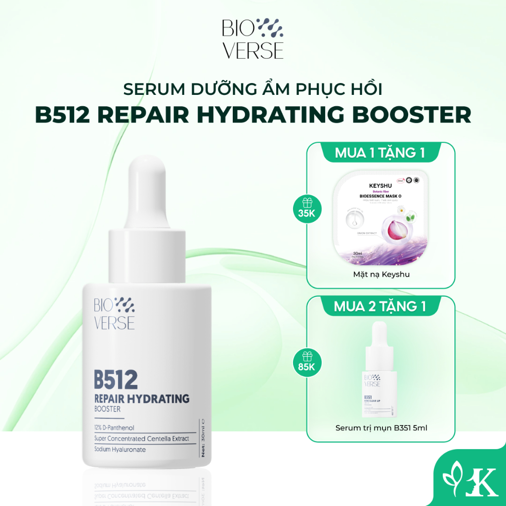 Serum dưỡng ẩm phục hồi Bioverse B512 Repair Hydrating Booster làm dịu cho da căng bóng 30ml
