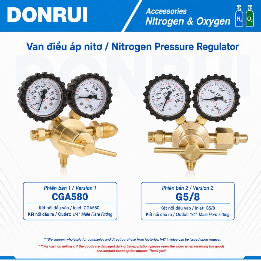 Đồng hồ điều áp nito dùng nén thử xì Van giảm áp Oxy Nito hàng tốt
