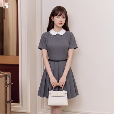Đầm công sở Twentyfive ngắn tay cổ sen kèm đai thanh lịch nữ tính DM72