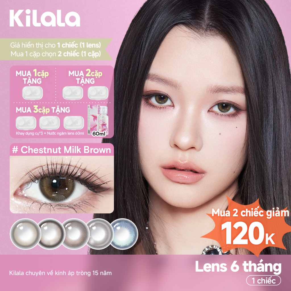 Kính áp tròng Kilala màu nâu Chestnut Milk Brown/White Peach Brownk DIA  lens cận 6 tháng có độ (Giá