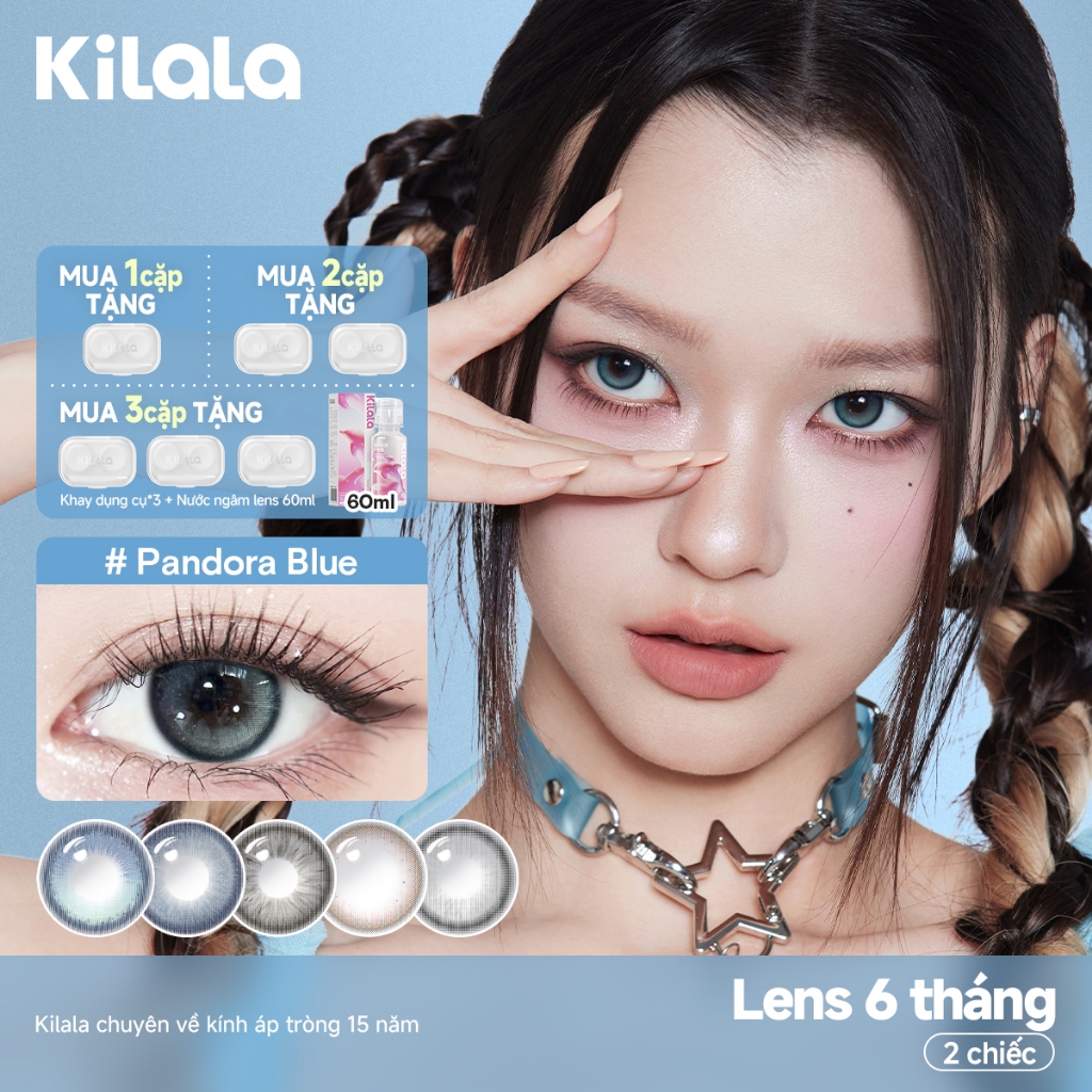 Kính áp tròng Kilala màu lam Pandora Blue/ Soda Black lens cận 6 tháng DIA 14.2mm có độ (0-7) 1 cặp