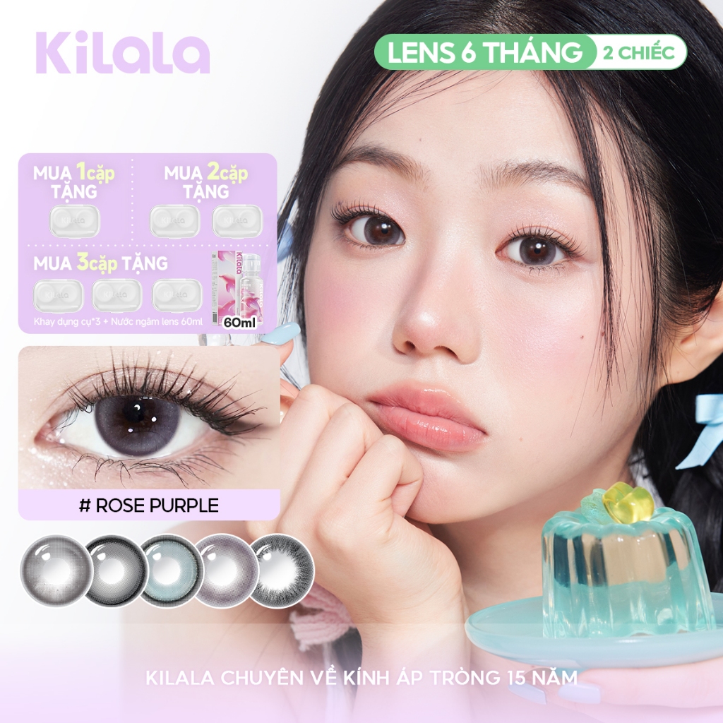 Kính áp tròng Kilala màu nâu Agave Purple/ Litchi Grey/Electric Owl Blue DIA  lens cận 6 tháng có độ