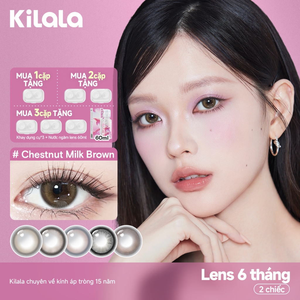 Kính áp tròng Kilala màu nâu Chestnut Milk Brown/White Peach Brown /Sesame Black DIA  lens cận 6 thá
